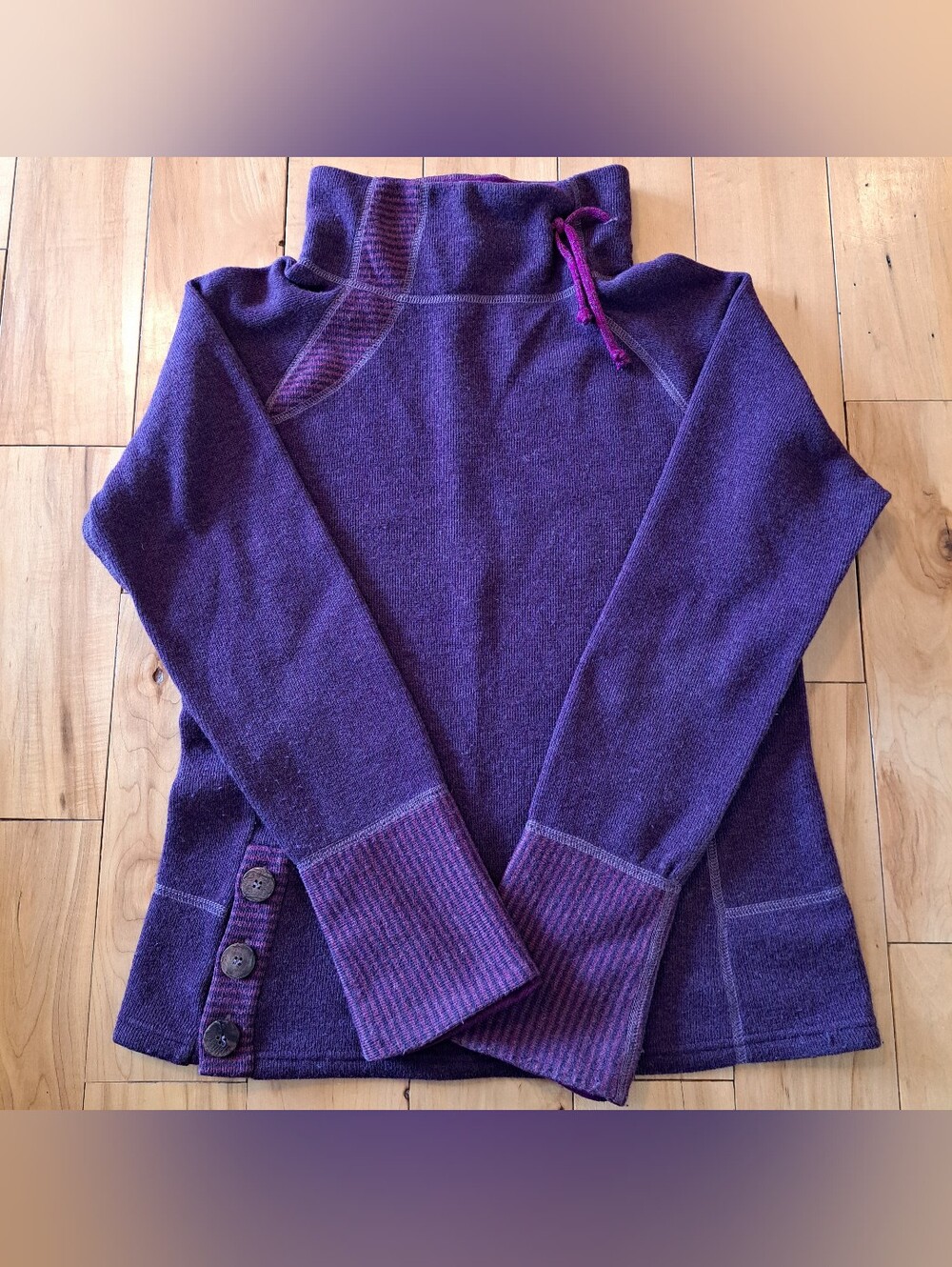 PRANA LUCIA SWEATER Plum Size Medium Recycled Wool Blend Mock Neck Herringbone